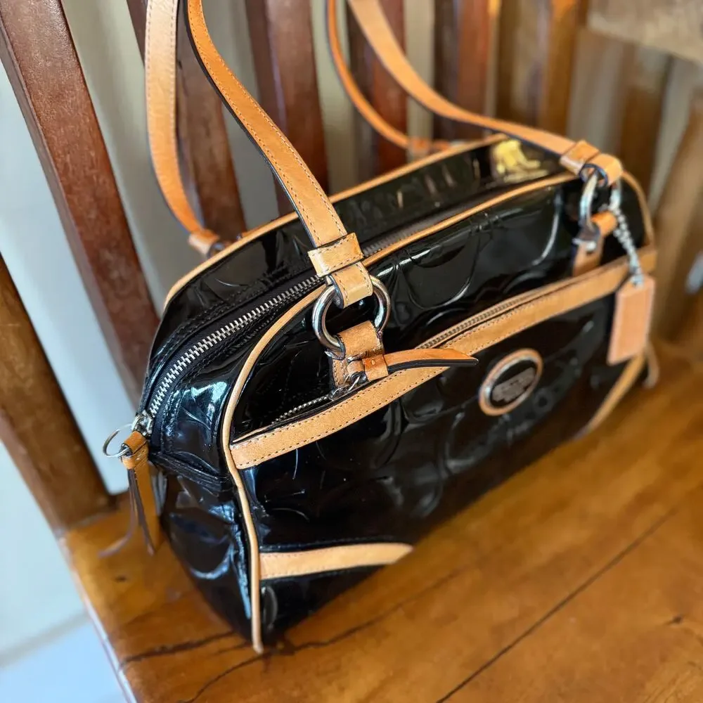 Coach Peyton Signature Embossed Patent Leather Satchel Black/Tan